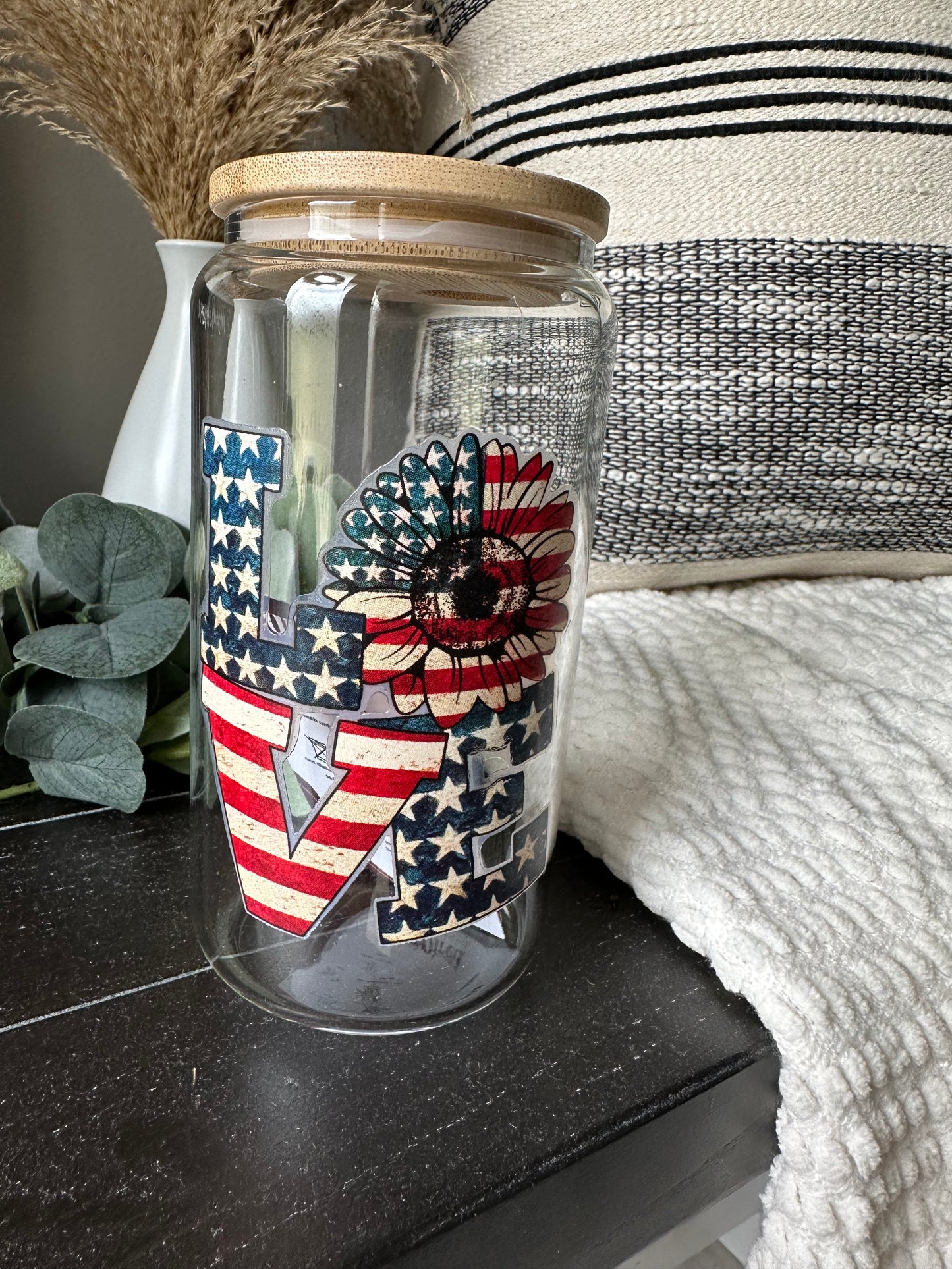 Red White Blue Love Glass Cup